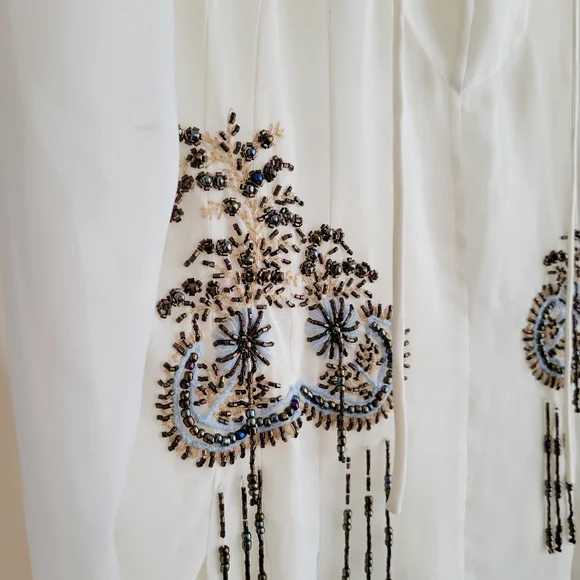 RANDOLPH DUKE Sheer Off White Beaded Boho Flounce Top - Picture 5 of 6